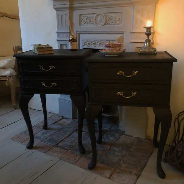 Matching Pair Of Black Hand Painted French Style Ornate Bedside