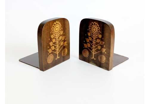 Pair Of Vintage Wood Bookends, 1970s Midcentury Floral Design Library Shelf Decor