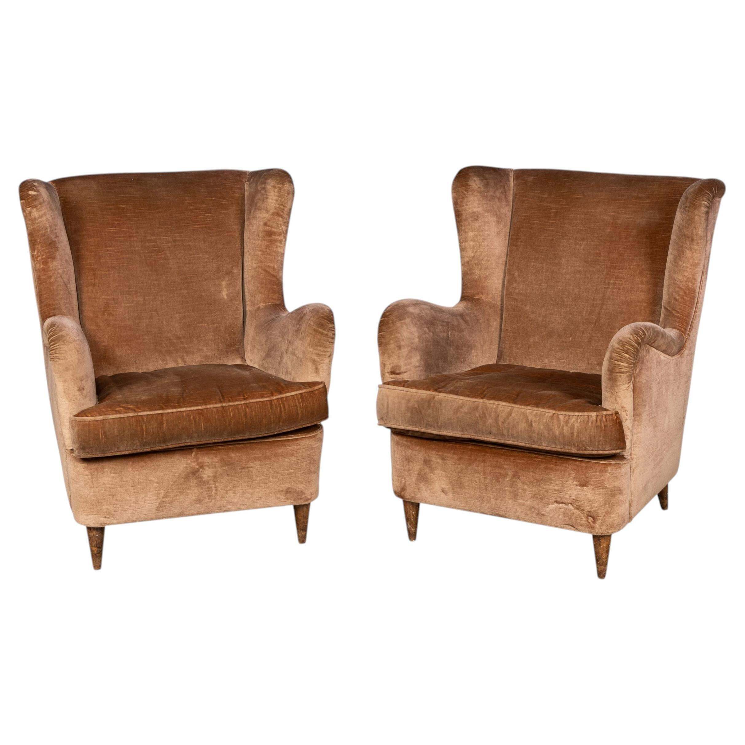 Vintage 20th Century Italian Pair Of Velvet Wingback Armchairs C.1960