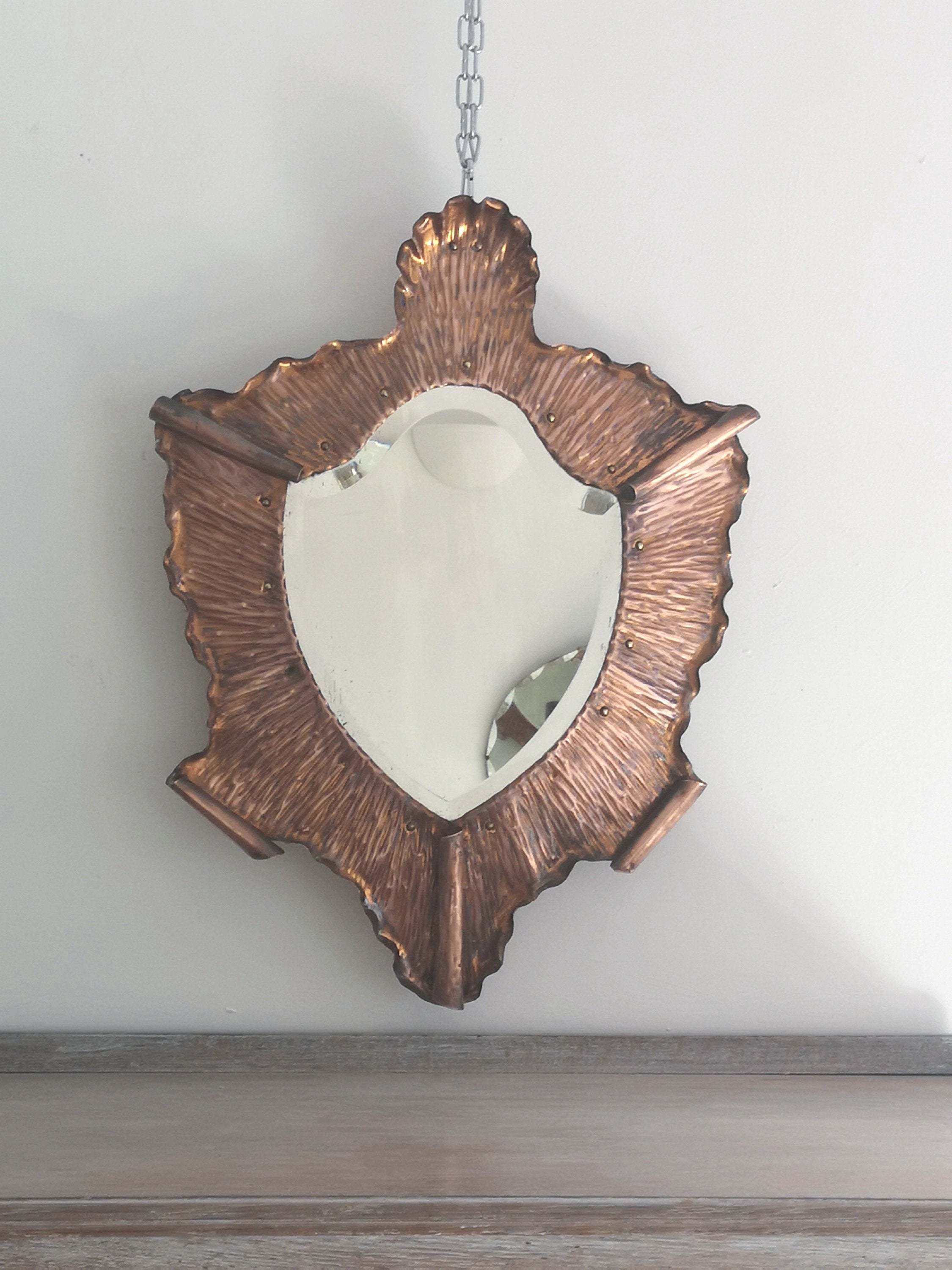 Solid Copper Antique Mirror Possibly Attributed To The Arts And Crafts Movement