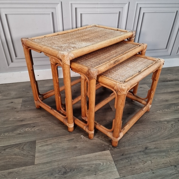 Vintage Rattan Nesting Tables Set 3 Cane Bamboo Wicker Boho Side End ...