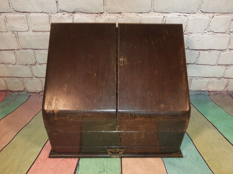 Antique Wooden Desk Tidy Writing Stationary Box Letter Rack With Drawer Keys