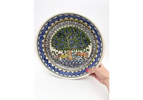 Vintage Large Hand Painted Ceramic Bowl, Tree Of Life Wall Mounted Bowl, Hand Painted Animal Folk Art Bowl