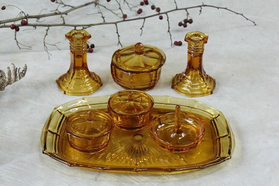 Vintage Amber Glass Dressing Table Set Candlesticks Tray Pots Ring Tree