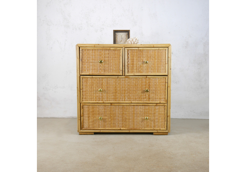Vintage Mid Century Bamboo Rattan Chest Drawers Brass Angraves Glass Top #102844