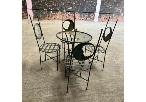 Metal Circular Garden Table & 4 Chairs With Moon Design Green Rust Great Patina