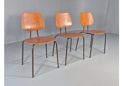 3 Vintage Danish Stacking Chairs Industrial Design Steel Teak Retro 60s Eb12491