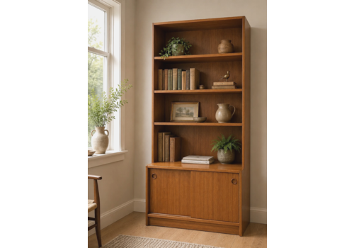 Vintage Teak Bookcase Cabinet Sliding Door Cupboard Mid Century Display Shelving
