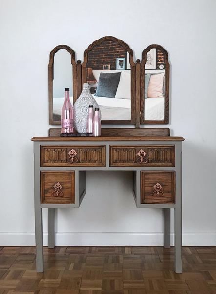 Stone Grey Rustic Oak Triple Mirrored Dressing Table Matching Stone Grey Rustic Oak Triple Mirrored