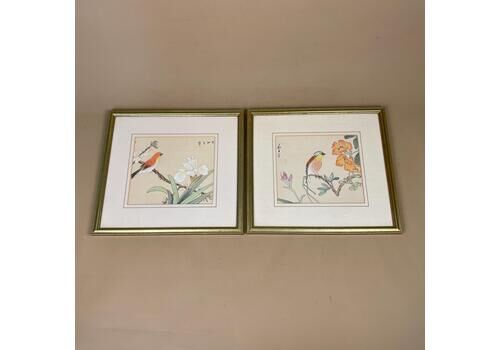 Two Oriental Pictures Birds, Silk Painting Hand Painted Pair, Vintage Chinese Floral Wall Art, Chinoiserie Framed Art, Asian Home Decor