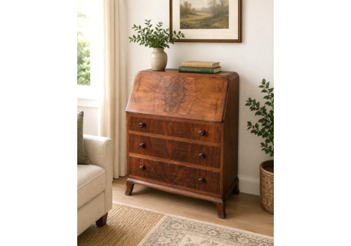 Vintage Walnut Bureau Writing Desk Fall Front Chest Drawers Home Office Cabriole