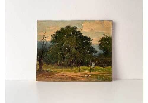 Antique Oil On Cardboard Of A French Countryside Landscape, Rural Scene Painting Signed Ferdinand Marks