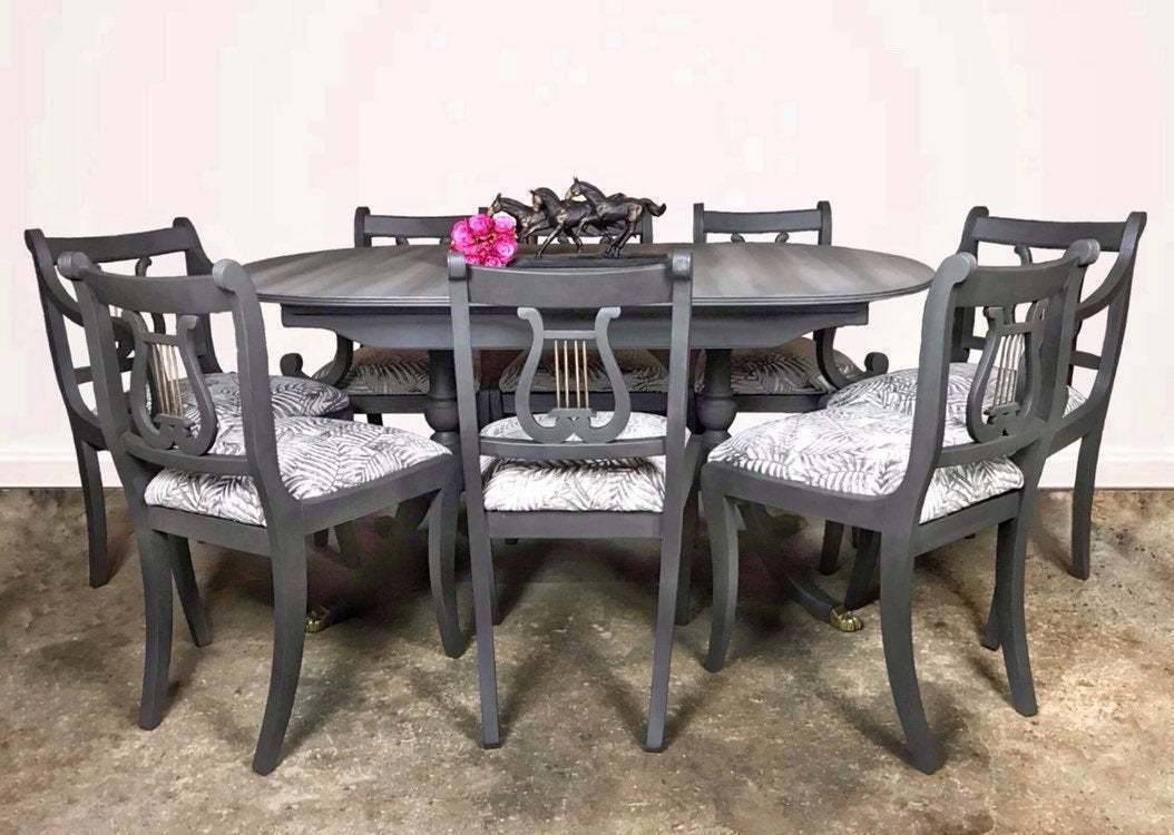 Large Dark Grey Oval Extending Dining Table And Eight Chair Set Large Dark Grey Oval Extending Dining Table And Eight Chair Set