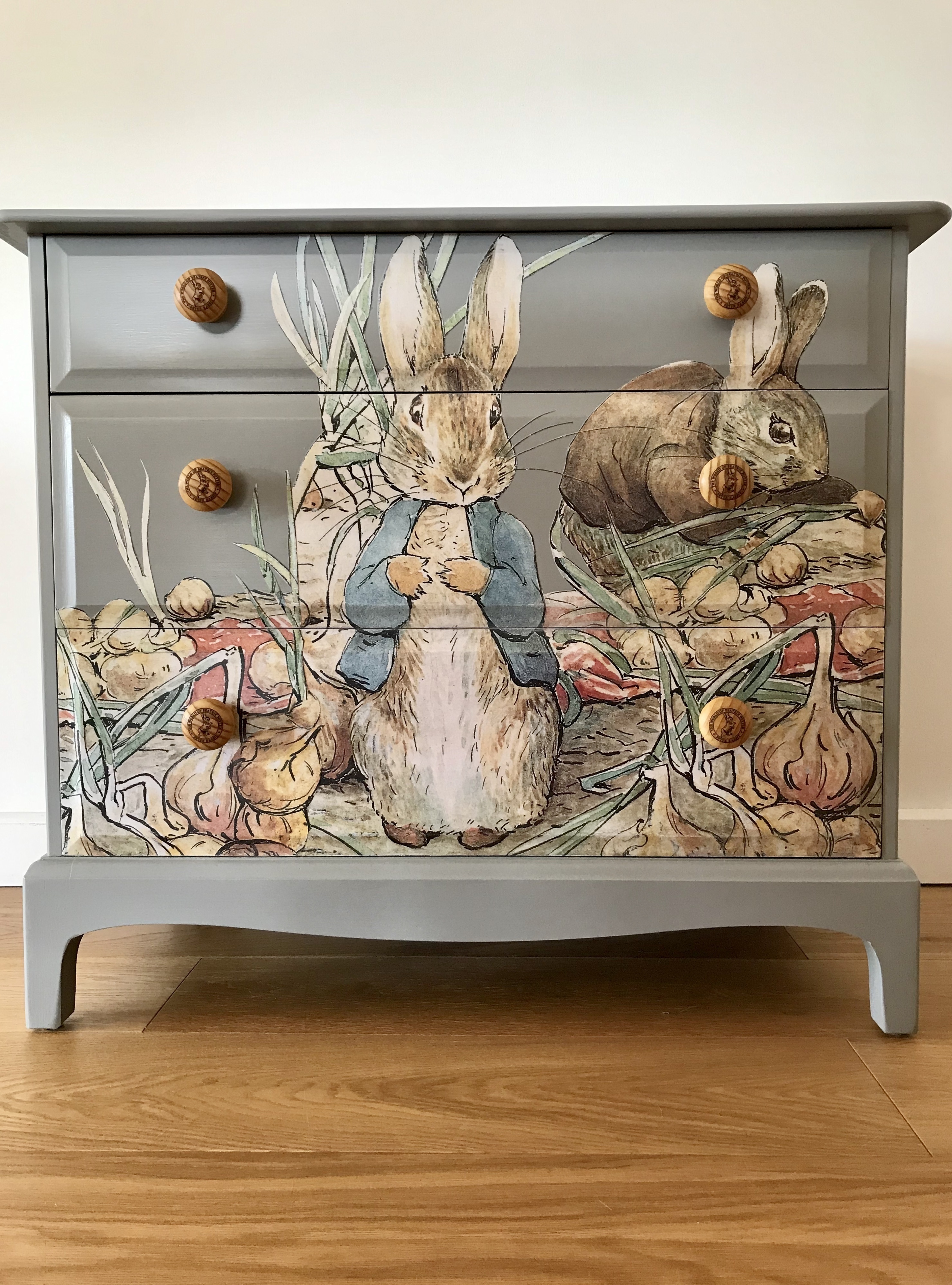 Up Cycled Beatrix Potter Benjamin Bunny \u0026 Peter Rabbit Decoupage Vintage Stag 3 Drawer Chest