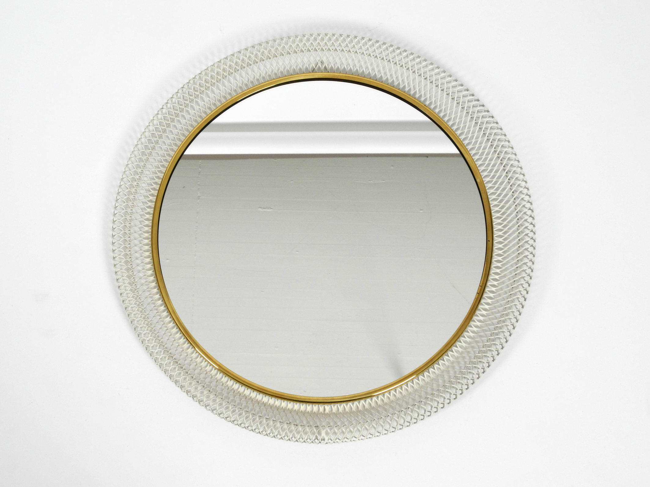 Very Nice Round Xl Mid Century Modern Wall Mirror With White Metal Frame