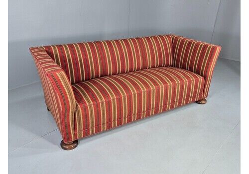 Vintage Art Deco Danish 3 Seater Sofa Red Wool Stripe Upholstery