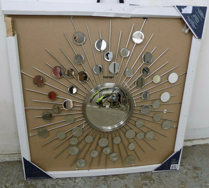 Art Deco Style Large Silver Round Metal Sunburst Mirror Bevelled Art Deco Style Large Silver Round Metal