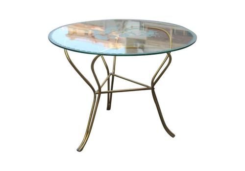 Round Midcentury Coffee Table Italian Design Brass Glass Top Engraved Drawings