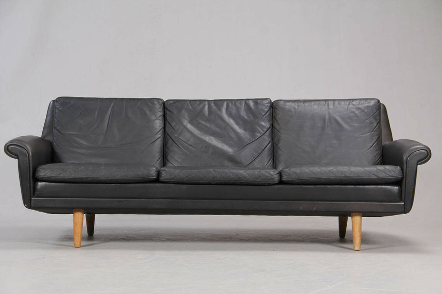 Vintage Retro Danish Thams Style 3 Seater Black Leather Sofa 1960 S