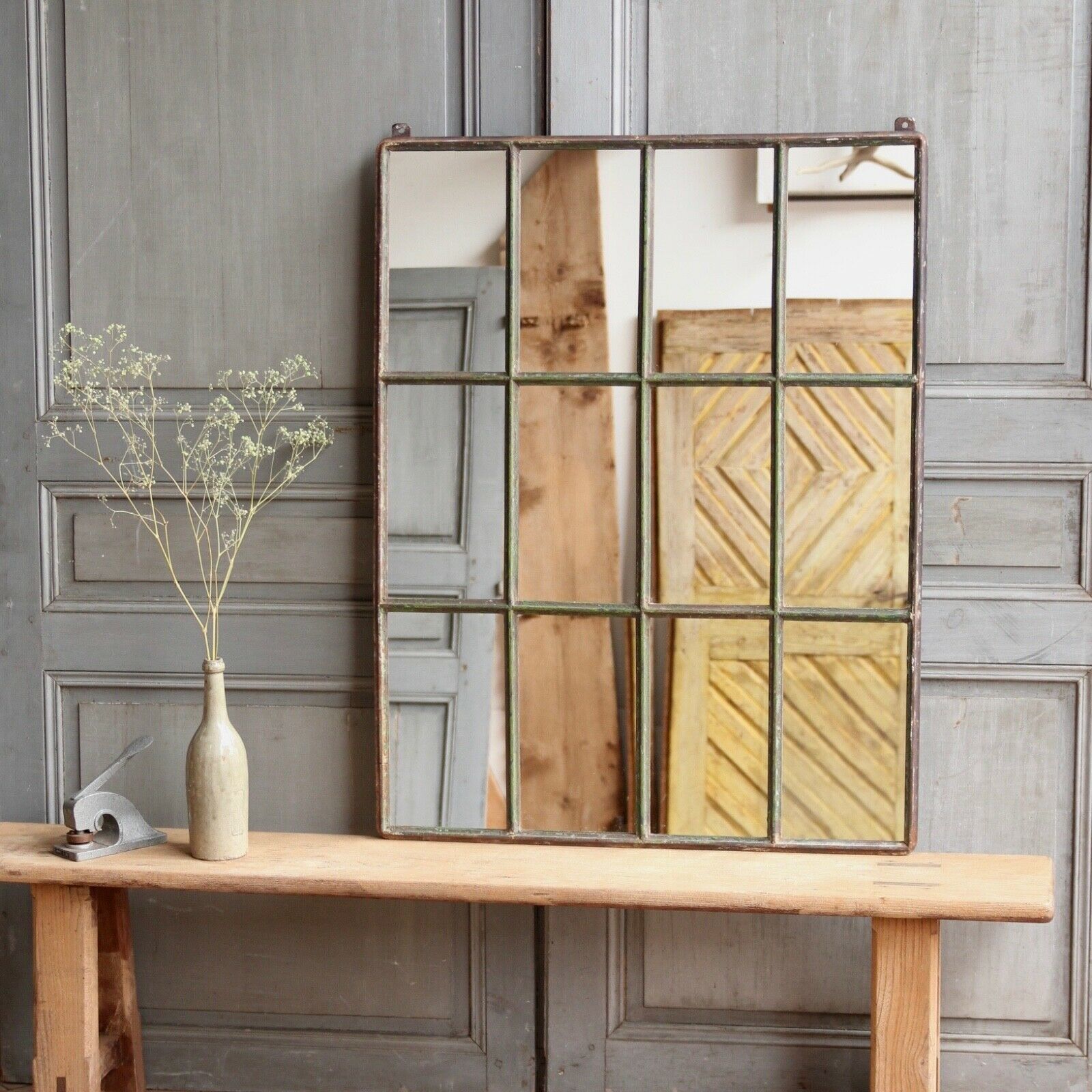 Vintage Antique Hungarian Crittall Window Style Metal Frame Mirror H103cm Vintage Antique Hungarian Crittall Window Style Metal Frame Mirror H103cm