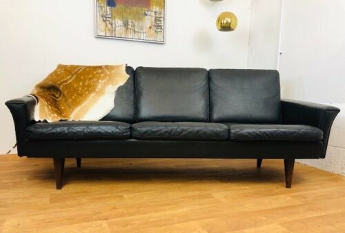 Vintage Danish Retro Thams Style 3 Seater Black Leather Sofa 1964 S