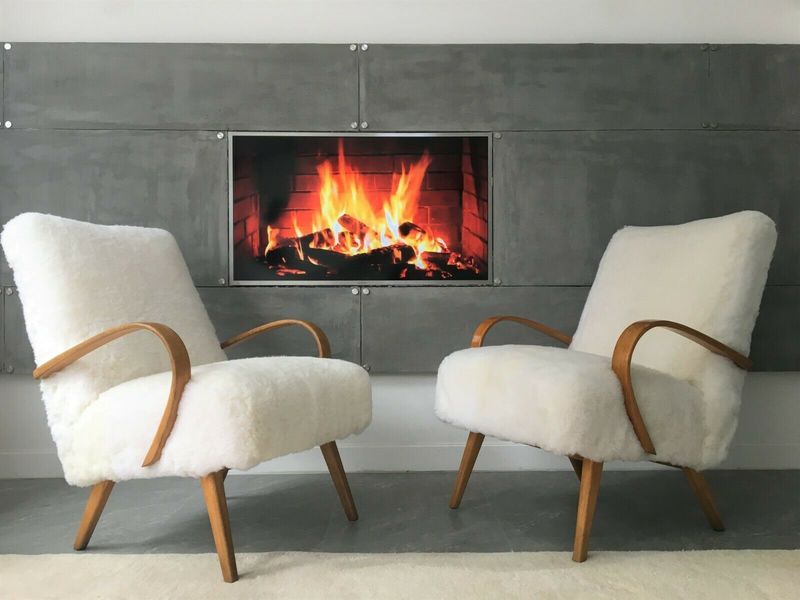 Vintage White Sheepskin Fluffy Furry Easy Fire Chair Armchair By Ton Ton Vinterior