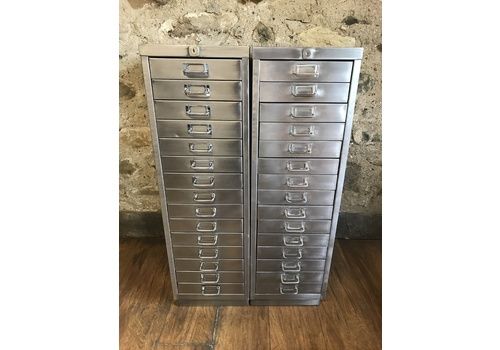 Pair Of Industrial Stripped Metal 15 Drawer Filing Cabinets