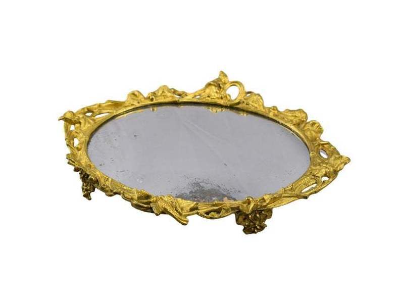 Art Nouveau Ormolu Bronze Centerpiece Mirror Tray With Birds
