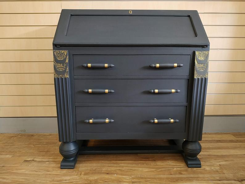 Stunning Vintage Writing Bureau Desk Stationmaster Antique Storage Carved Ash Grey 1930 S