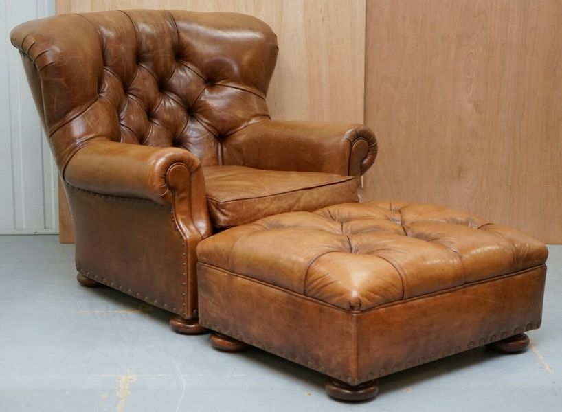Ralph Lauren Writer S Aged Brown Leather Armchair Footstool