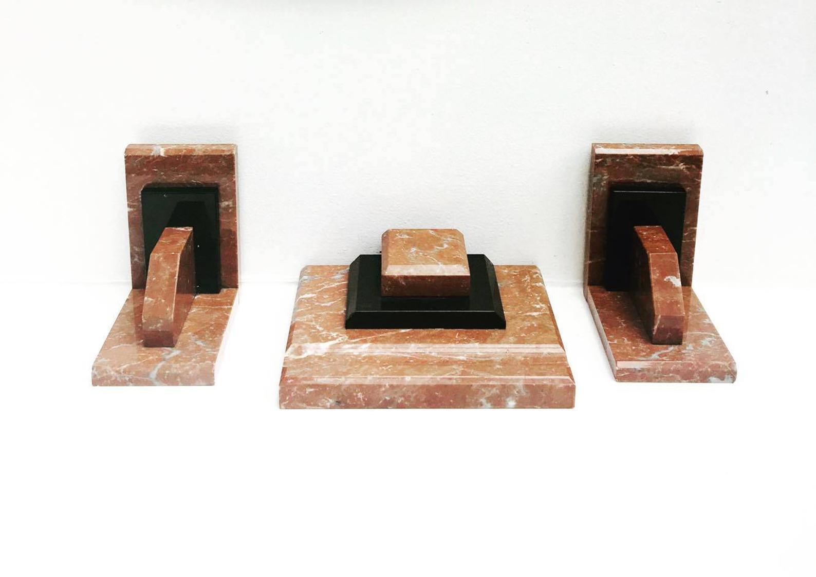 Art Deco Bookends Desk Set Inkwell 1930 Marble Black And Brown Beautiful Patina Accessories Decoration With A Ink Containe