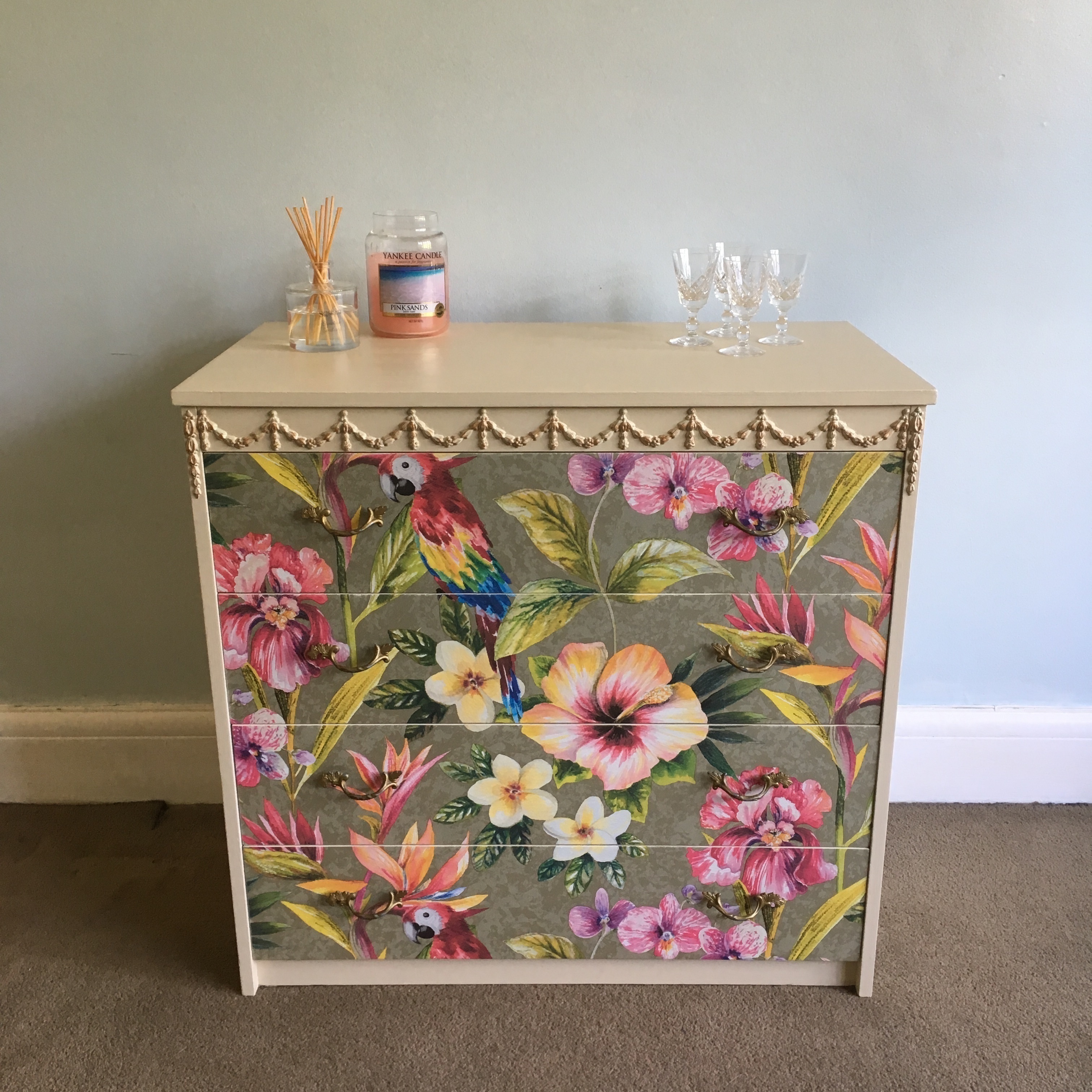 Upcycled Vintage Hand Painted Gold Detailed Decoupaged Tropical