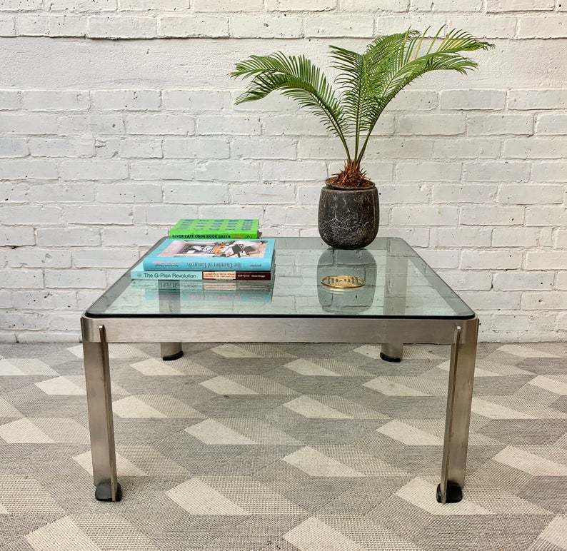 Vintage Glass Coffee Table Large Square Industrial D233 Vinterior Large square coffee table with stainless steel base square section.