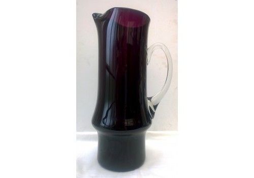 Mid Century Whitefriars Tall Dark Purple Pinched Spout Glass Jug Or Ewer With Clear Ribbed Glass Handle