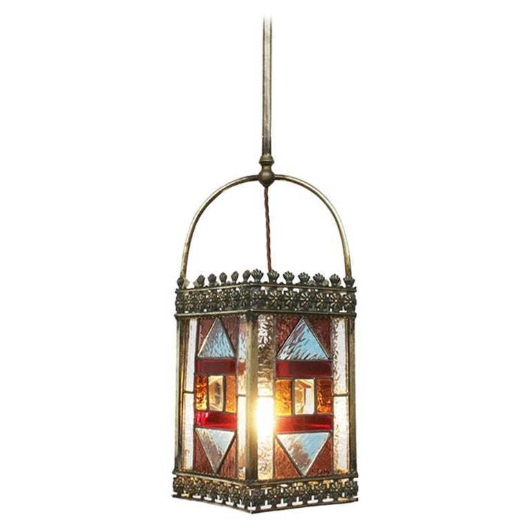 Late 19th Century Victorian Brass And Stained Glass Hall Lantern