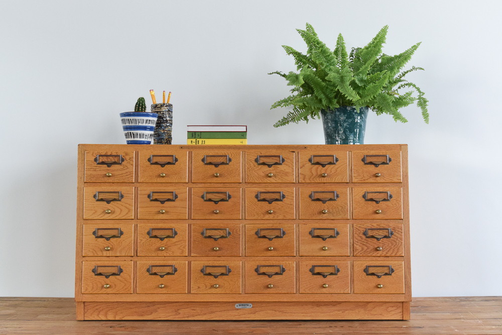 Vintage Serota London Oak Library Index Card Filing Drawers
