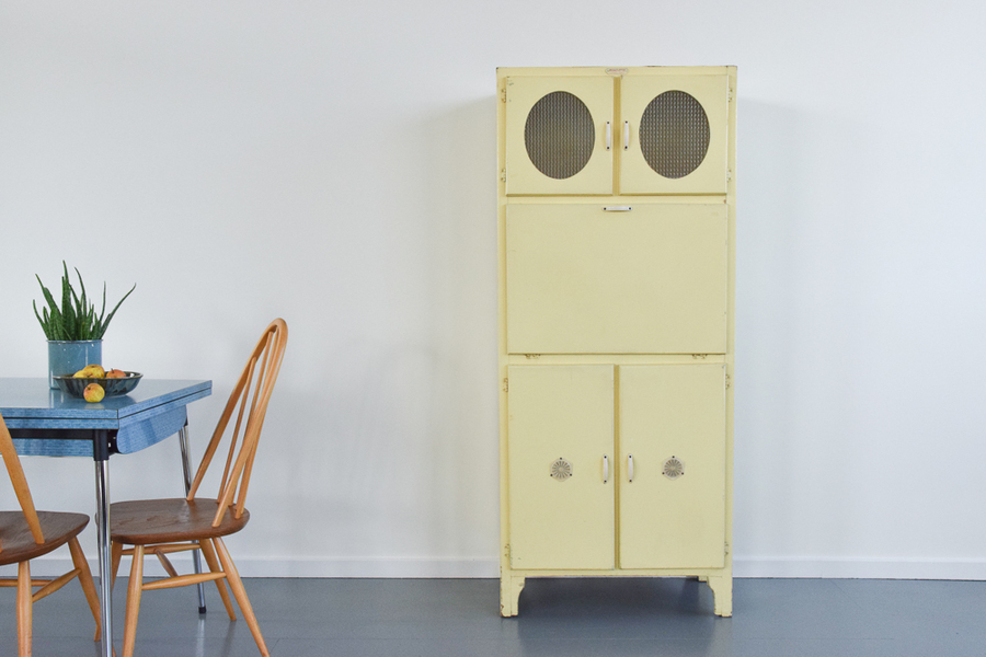 Vintage 1950s Er Yellow Wooden Home Ette Kitchen Cabinet With Glazed Cupboards