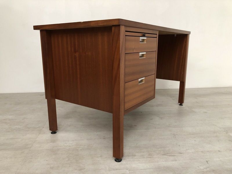 Vintage Mid Century 1970s Teak Industrial Office Desk With Drawers Vinterior
