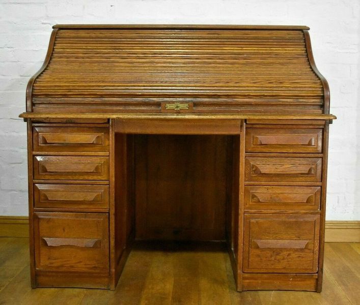 Antique Vintage Oak Roll Top Bureau Roller Shutter Writing Desk Vinterior