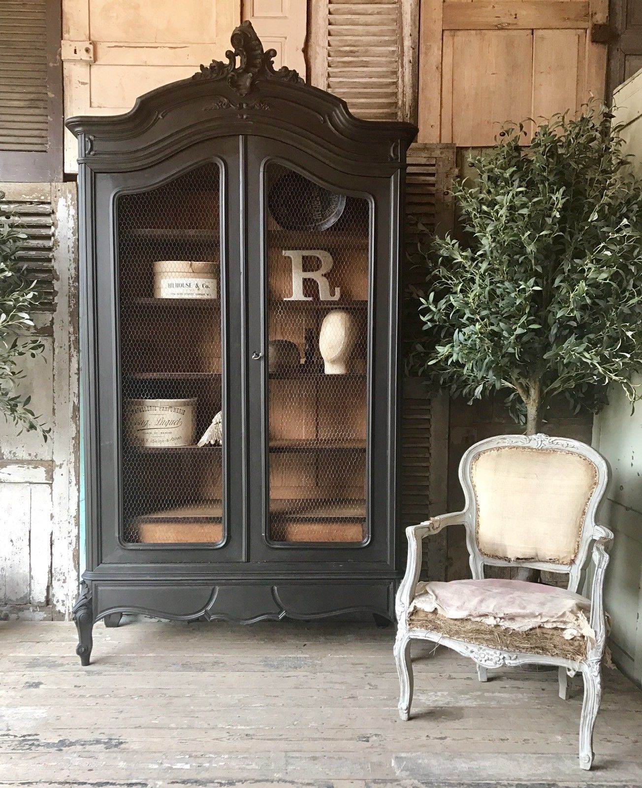 Original Vintage French Louis Xv Linen Press Armoire With