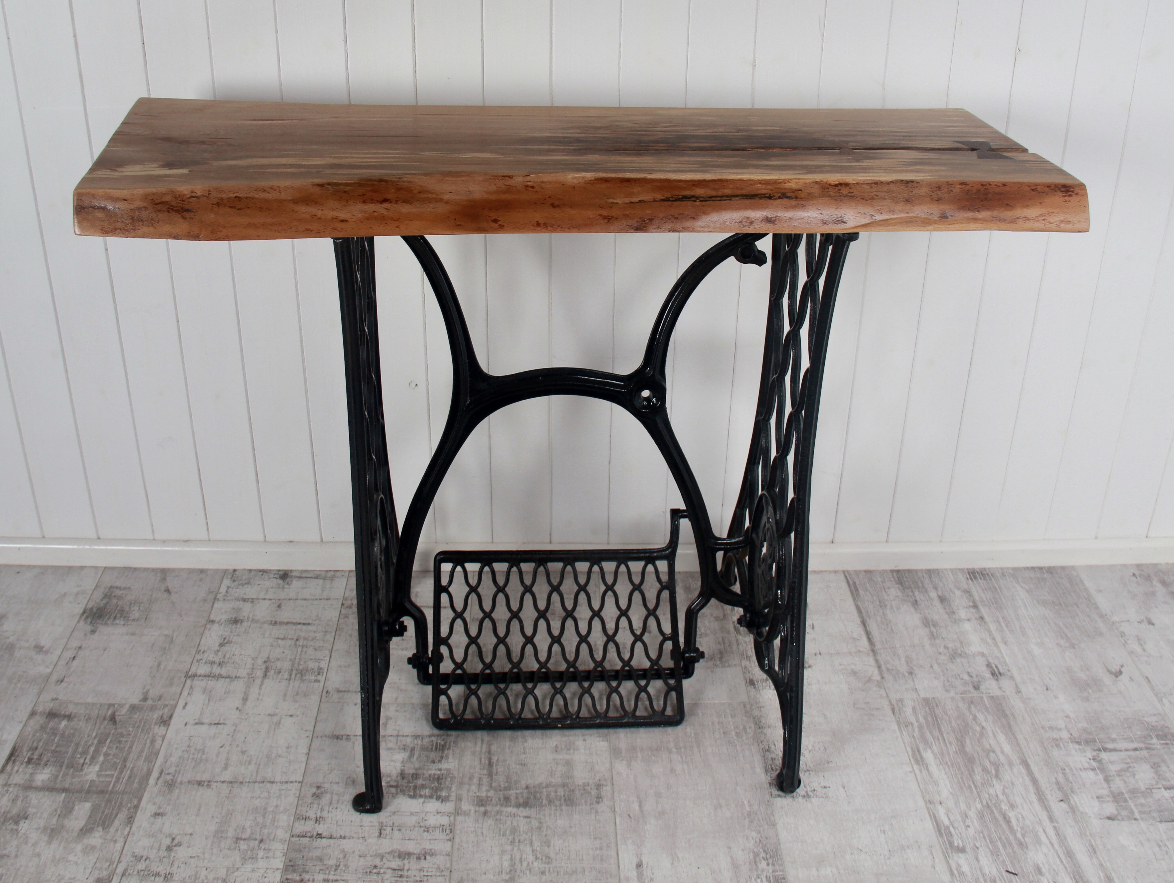 Desk, Antique Singer Sewing Machine Base Beech & Walnut Wood Top