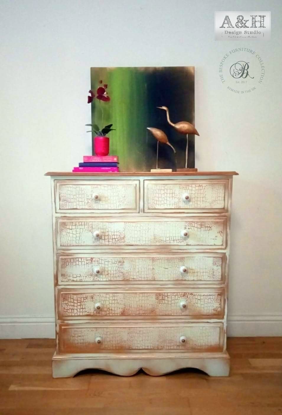Shabby Chic Hand Painted Cream And Gold Animal Pattern Chest Of