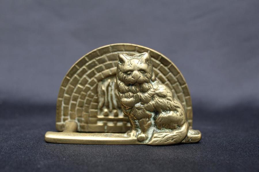 Vintage Brass Cat Letter Holder Sitting Cat In Front Of A Fireplace Brass Letter Rack Brass Animal Paper Holder Business Card Holder Vinterior