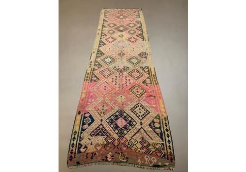 Vintage Turkish Kilim 453x130 Cm Wool Kelim Rug Large Wide Runner Pink, Black