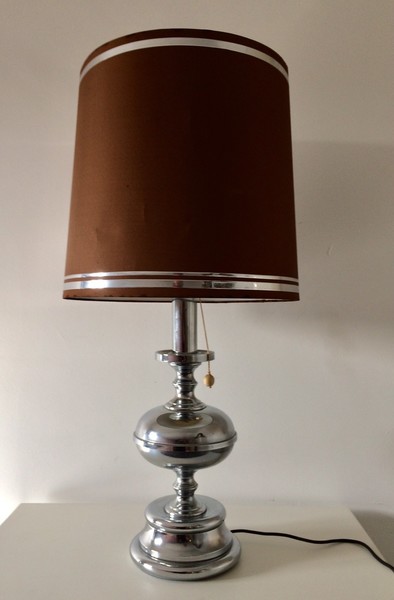 Midcentury Original Italian Design 1970s Xl Chrome Table Lamp W Shade photo furniture