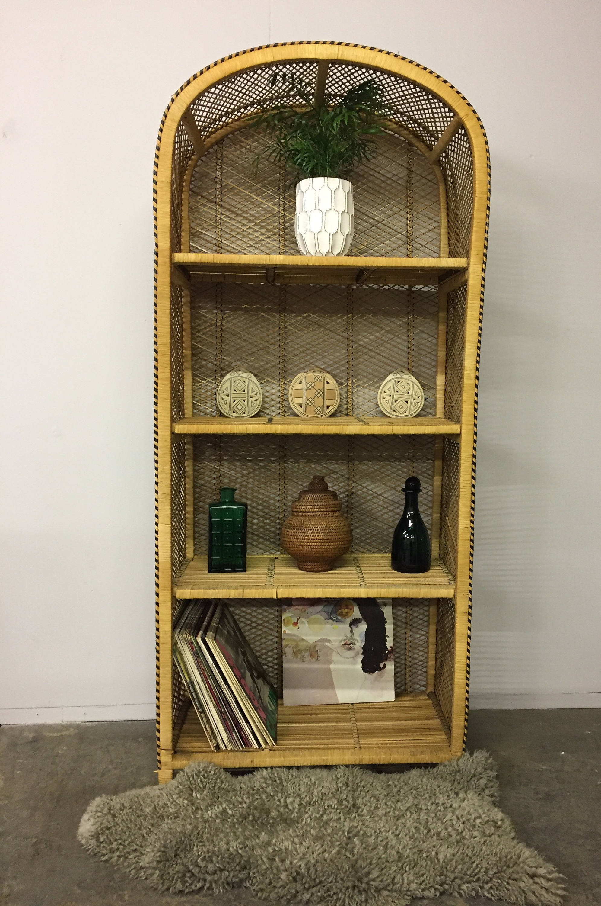 A Large Vintage Wicker Rattan Shelving Unit Vinterior