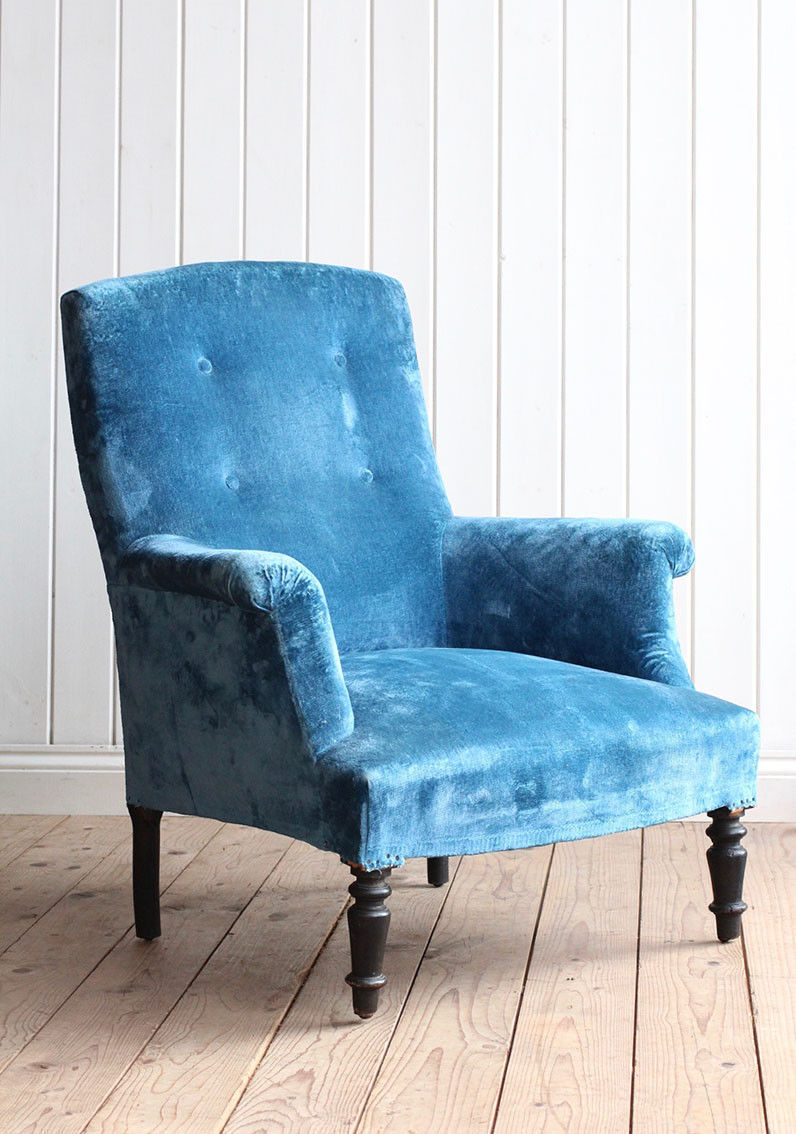 Vintage Antique French Blue Velvet Arm Chair Victorian Vinterior