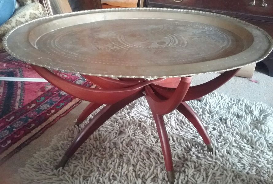 Mid Century Brass Top Table Folding Teak Spider Leg Base Atomic Era 1960 70s