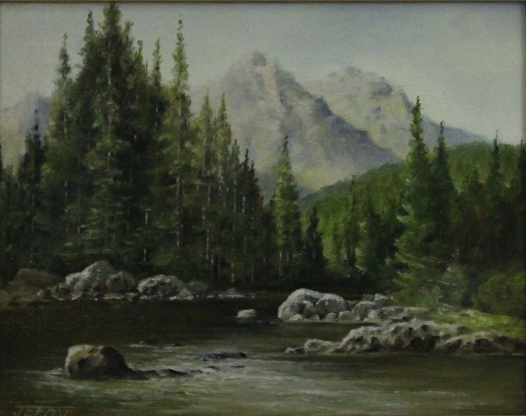 Oil On Board By John E Fox. Stream With Mountains Beyond. (2 Of 2) photo furniture