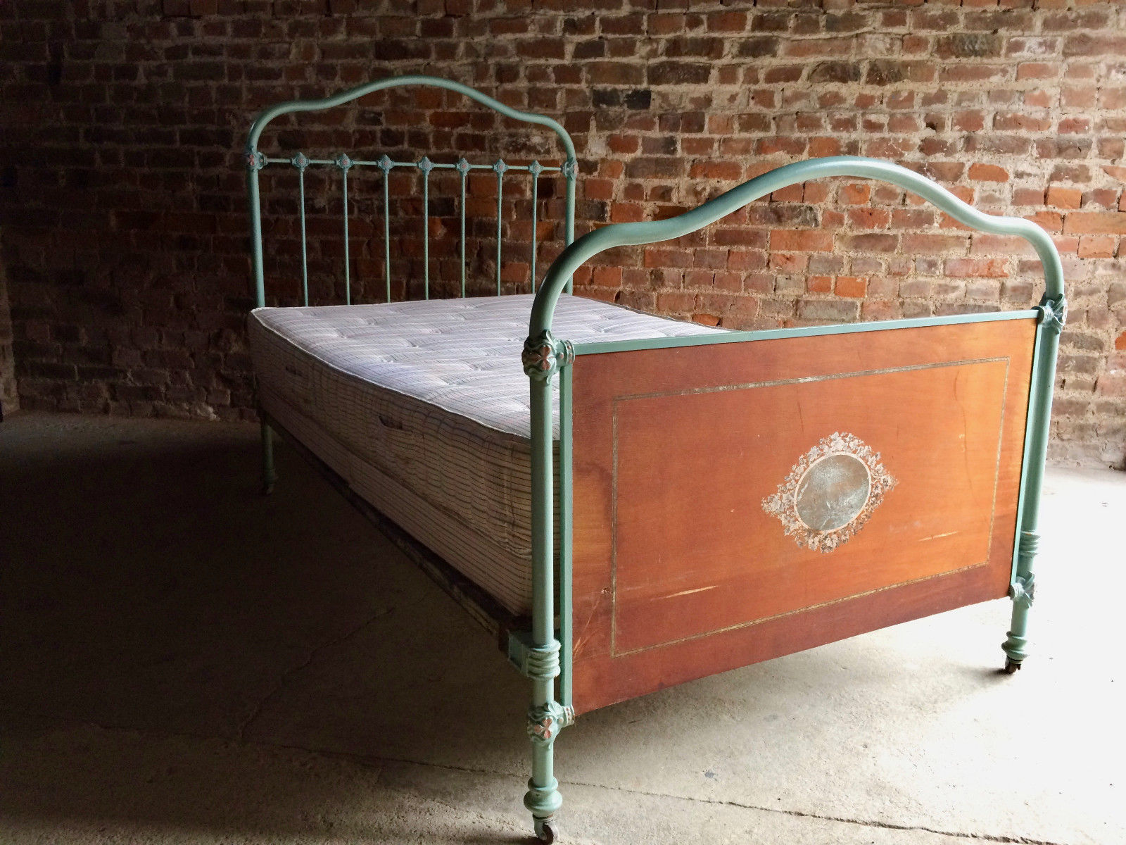 Stunning Antique Cast Iron Bed Single On Casters 19th Century Victorian Mattress